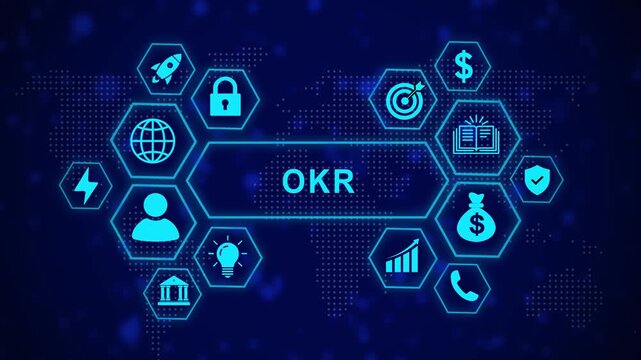 Digital okr objectives and key results business strategy infographic with animated glowing hexagonal global network map background, corporate management performance metrics and growth planning concept