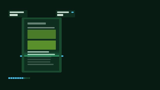 Seamless 4K looping technology animation: document scan pass revealing sheet under bar. Flat vector interface with grid, rings, readout cards and blank text placeholders in green and emerald on a dark