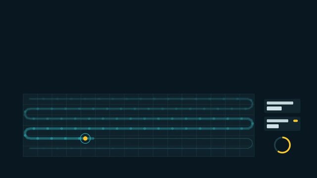 Seamless 4K looping technology animation: drone survey path following serpentine grid route. Flat vector interface with grid, rings, readout cards and blank text placeholders in blue and azure on a da