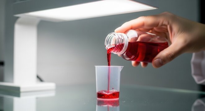 Close-up of hand pouring red liquid from bottle into measuring cup under bright lab light, representing science, health, or research.