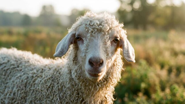 pygora goat close up at morning light showing its soft curly fleece video