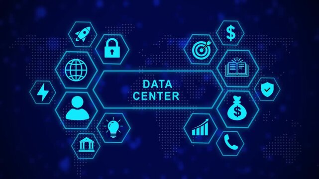 Advanced data center digital interface featuring interactive hexagonal and global network connectivity nodes for corporate cloud computing, cybersecurity, financial analytics, and modern business