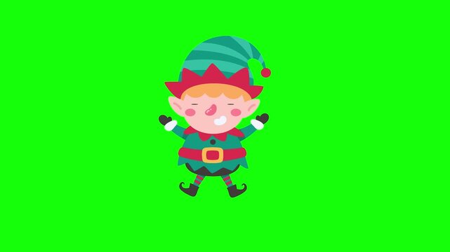 Cute cartoon Christmas elf character standing happily in festive attire on a vibrant green screen
