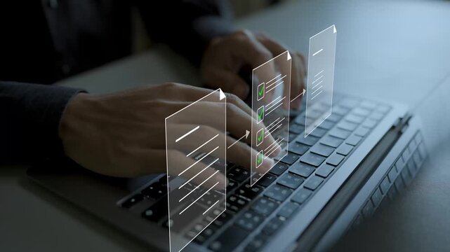 Approved document and business process workflow concept. Person using laptop with official checkmark stamp, document approval and workflow, digital management system.