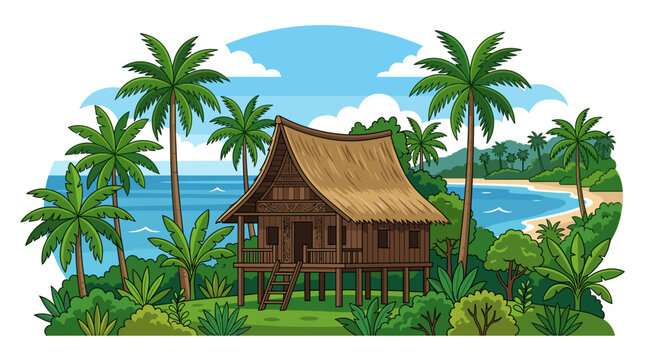 Flat vector illustration of a traditional tribal stilt house or uma hut on a lush tropical island beach with tall palm trees, turquoise ocean water, and greenery on white background.