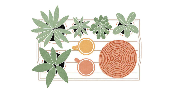 Flat Lay Arrangement of Potted Plants Cozy Cups and a Woven Placemat on a White Wooden Tray Ideal for Home Decor