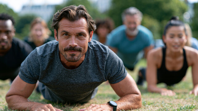 Clear design showing diverse group participating in an outdoor fitness bootcamp in a city park during sunny afternoon weather