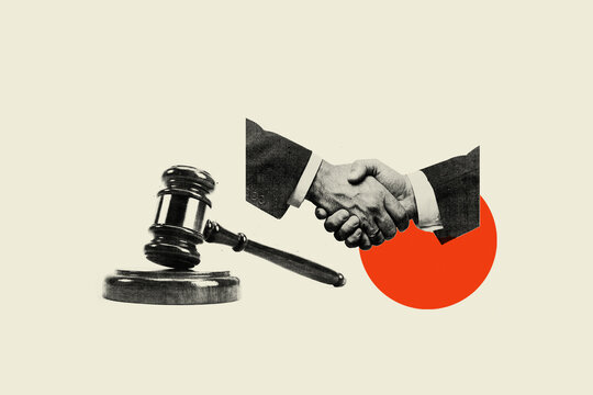 Judge gavel and businessmen shaking hands representing legal agreement and law