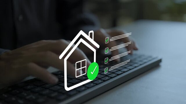 Home property with checklist concept. Person typing on keyboard with house icon, property inspection checklist and verified approval, digital real estate evaluation system.