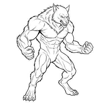 Hand drawn sketch of a flexing werewolf standing 3/4 view. Line art illustration.
