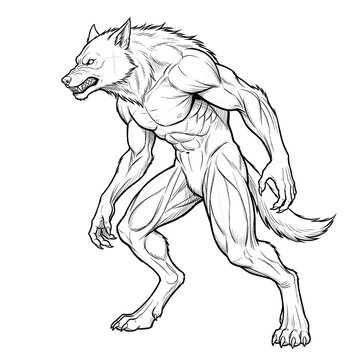 Hand drawn sketch of a guarding werewolf standing side profile. Line art illustration.