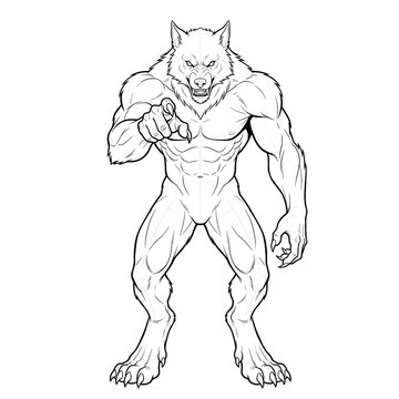 Hand drawn sketch of a pointing werewolf standing front view. Line art illustration.