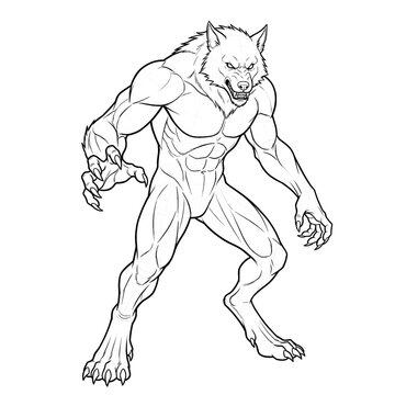 Hand drawn sketch of a pointing werewolf standing 3/4 view. Line art illustration.