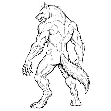 Hand drawn sketch of a werewolf standing back turned 3/4 rear view. Line art illustration.