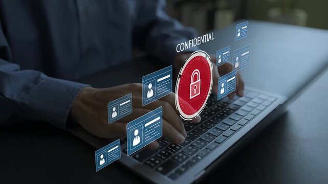 Employee confidentiality concept. Person using laptop with privacy shield, non disclosure document and data lock icons, enterprise human resources security system.