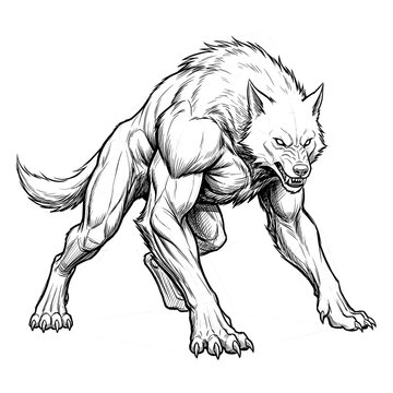 Hand drawn sketch of a feral werewolf backing away 3/4 view. Line art illustration.