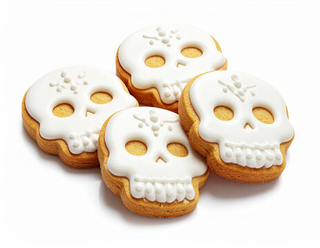 Skull shaped sugar cookies, white icing, white background. AI
