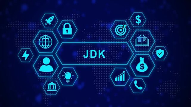 Dynamic digital interface featuring jdk software development concept with glowing hexagonal global network connectivity, business growth symbols, and futuristic data analytics motion