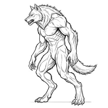 Hand drawn sketch of full beast werewolf bipedal stance side profile. Line art illustration.