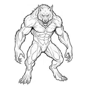 Hand drawn sketch of freshly transformed full beast werewolf front view. Line art illustration.