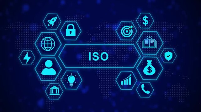 Digital iso certification concept featuring glowing blue hexagonal and network connectivity nodes on a futuristic map background, for corporate management, and international standard systems