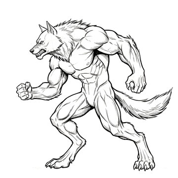 Hand drawn sketch of a flexing alpha werewolf side profile. Line art illustration.