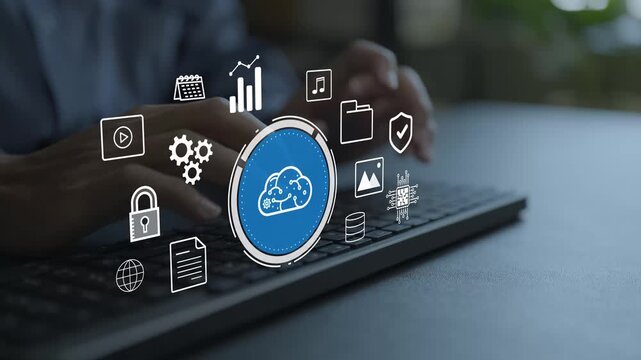 Digital cloud technology and data management concept. Person typing on keyboard with cloud sync badge, database storage and data transfer icons, enterprise cloud computing platform.