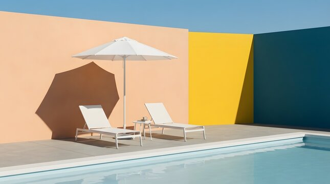 Minimalist poolside scene with lounge chairs and a vibrant color block aesthetic under the sun