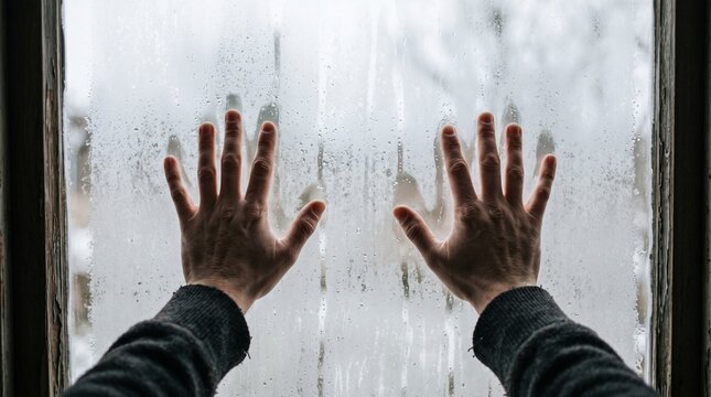 Hands Pressed Against Foggy Window Glass