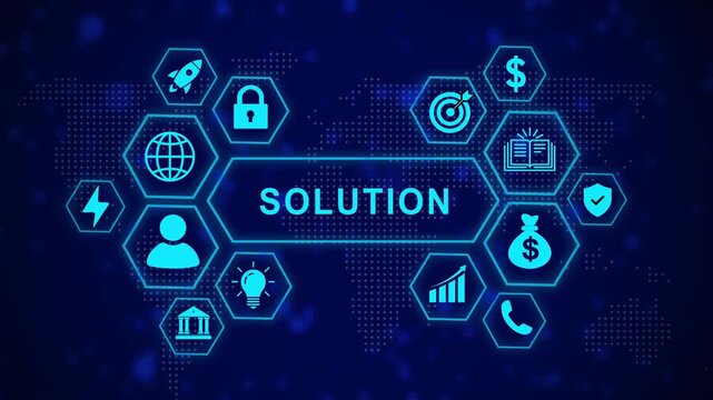 Digital business solution concept featuring animated hexagonal infographic global network connectivity, financial growth symbols, and strategic corporate planning on a dark blue background