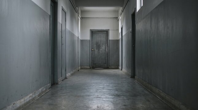 Empty Dim Grey Institutional Hallway with Closed Doors