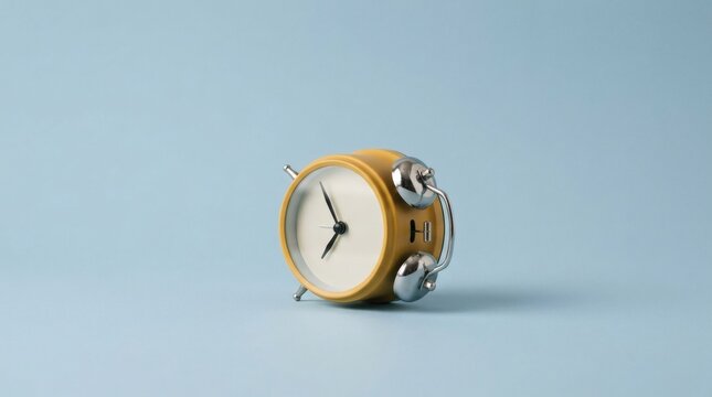 Yellow retro alarm clock on light blue background for time management and morning routine concepts.