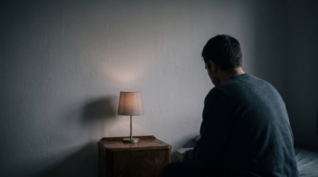 Depressed man sitting alone on bed in dark room facing away