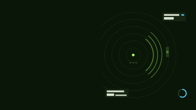 Animated ranging ping burst of three quick rings drawn as a clean sci fi interface in green and emerald on a dark background. Smooth 4K seamless loop with blank readout panels and room for text. Wides