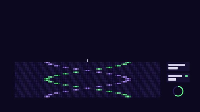 Seamless 4K looping technology animation: doppler waterfall scan with two diverging traces. Flat vector interface with grid, rings, readout cards and blank text placeholders in blue and azure on a dar