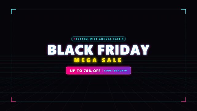 Cyber Neon Black Friday Mega Sale 4K Motion Graphic Bumper with 3D Cybernetic Grid Laser Scanner and Tech HUD