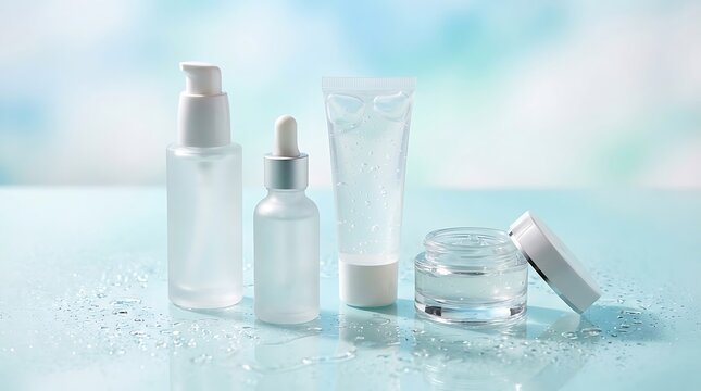 Skincare serum tube tube jar cream sprayer on light blue gradient. makeup primer kit
