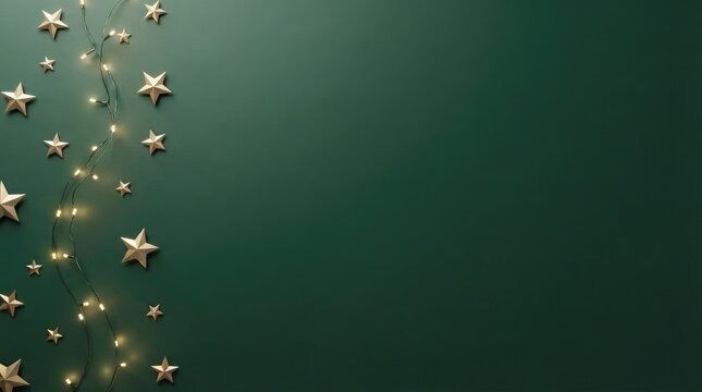 Golden star ornaments and glowing string lights arranged along the left margin on a dark green background with copy spac