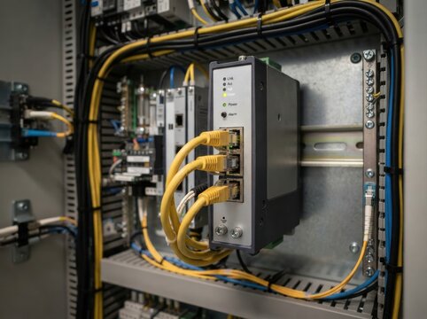 industrial ethernet security closeup Network switch with connected yellow Ethernet cables in an industrial control panel.