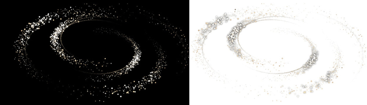 Sparkling silver glitter spiral on black background, shimmering dust trail in circular motion, luxury metallic particles swirl with alpha mask