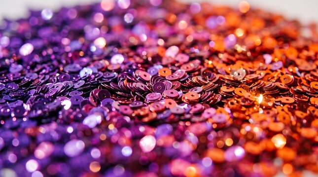 Pile of shiny purple and orange sequins with sparkling bokeh highlights, glittering festive background with shallow depth of field
