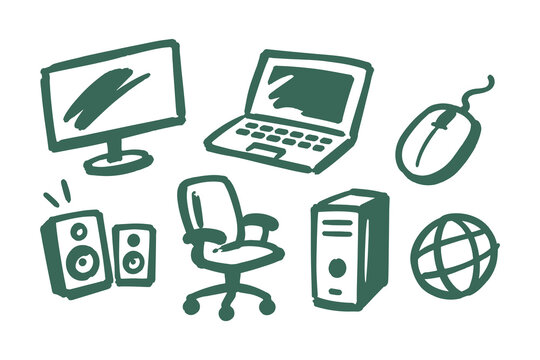 Computer Equipment Hand Drawn Brush Sketch Set with Laptop, Monitor and Mouse
