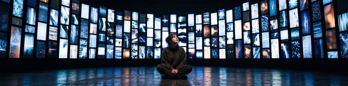 A person sits in contemplation amidst a vast, futuristic digital display wall, bathed in the cool blue glow of countless screens.