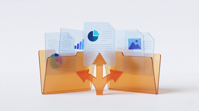 File distribution from orange folders with document icons, 3d render data routing and splitting concept on white background