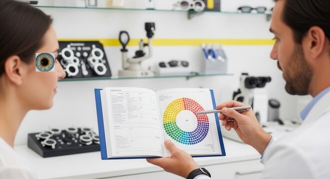 Optometrist consulting patient with eye examination charts and color wheel chart in modern clinic