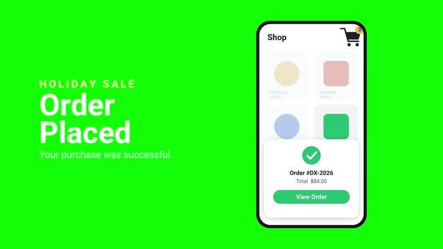 Holiday Sale E-Commerce Order Placed Smartphone App Green Screen