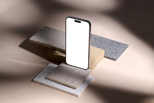 Smartphone mockup with blank screen on textured stone blocks