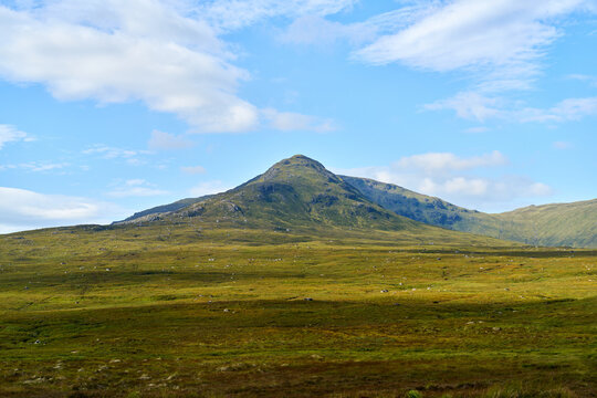Solitary Mountain Rising Above Expansive Green Meadow