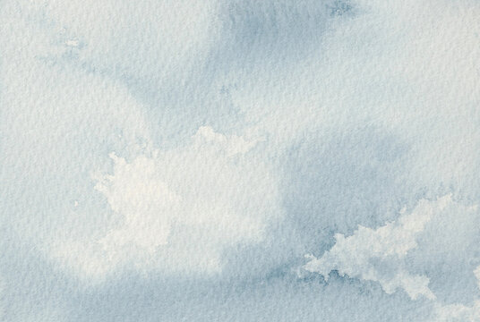 Soft Blue Watercolor Sky Background With Clouds Wash & Paper Texture