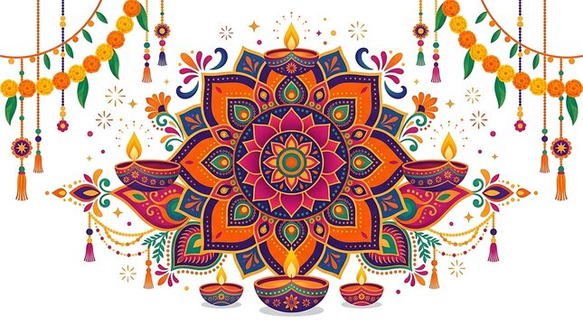 Diwali celebration vibrant rangoli mandala with oil lamps garlands colorful decorations